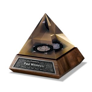Pyramid, Triangular, Square Corner, Transparent, Walnut Base, Deep Relief Antiqued Plate, Plastic, Recognition, Achievement, Appreciation