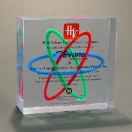Lucite award with atom design embedded in bespoke award