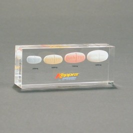 Custom Lucite award with medicine pill capsules embedded