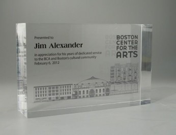 Custom Lucite award with picture of building embedded within.