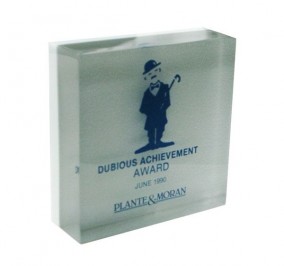 Custom Lucite embedment award with charley chaplain theme.