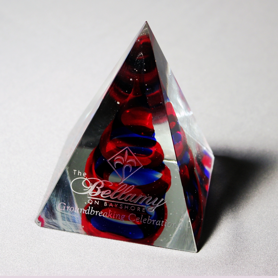 Custom crystal pyramid with object embedded within and etching award
