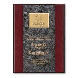 Granite, Burgundywood Side Accent, Granite Middle, 1/4" Plexiglass Backing, Brass Copy Plate, Rectangle, Square Corner, Etched Granite, Accomplishment, Achievement, Service, Safety, Recognition