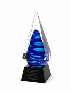 Vertical, Base, Recognition, Service, Safety, Accomplishment, Art glass, Tear drop, drop, blue, swirl, clear, black base, Shaped, Flowing, Fused, Swirl, Achievement