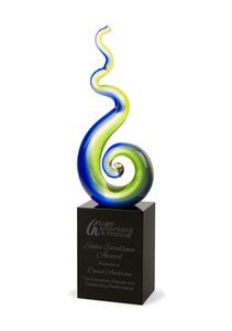 Large, Vertical, Base, Recognition, Service, Safety, Accomplishment, Art glass, swirl, blue, green, black base, Shaped, Flowing, Fused, Swirl, Achievement, Flowing