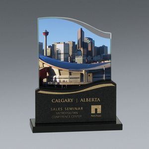Award, Recognition, trophies, Glass, granite, skyline, city, cityscape, color printing, full color, Canada, etching