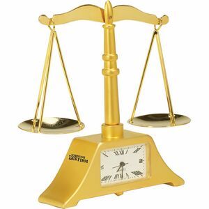 8 Oz., Die Cast, Scale of Justice, Balance, Stand, Timepiece, Rectangle Dial, Roman Numeral, Second Hand, Quartz Movement, Minute Hand, Hour Hand