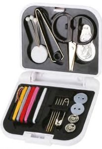 Square Case, Needle, Scissors, Needle Threader, Tweezers, 3 Push Pin, 2 Button, 2 Snap, Safety Pin, 3 Needle, 6 Thread Color, Hinged Lid, Personal Care