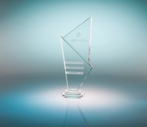 Self Standing, Triangle, Recognition, Achievement, Crystal, Angled Top, Recognition, Geometric, Tiered Glass Base, Round Base, Transparent, Pointed Top