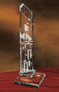 Optic Base, Crystal Column, Tower, Pointed Top, Geometric, Transparent, Rectangular Base, Glass, Achievement, Recognition, Tiered Glass Base, Slanted Top, Angled Top Edge, Translucent