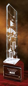 Optic Base, Crystal Column, Tower, Pointed Top, Geometric, Transparent, Wood Base, Achievement, Recognition, Raised Base, Glass, Slanted Top, Angled Top Edge, Lightweight