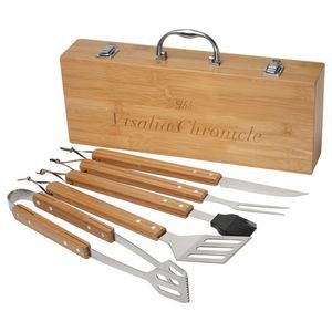 Bamboo, BBQ, Barbecue, Full Size, Tool, Handle, Tongs, Knife, Fork, Spatula, Basting Brush, Carrying Case
