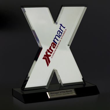 Alphabet letter X shape acrylic award on a base