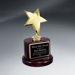 Star, Rosewood Piano Wood Base, Round Base, Polished Metal Figurine, Flat Bottom, Flat Front, Recognition, Achievement