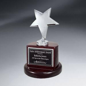 Star, Rosewood Piano Wood, Round Base, Polished Metal Figurine, Flat Bottom, Flat Front, Recognition, Achievement