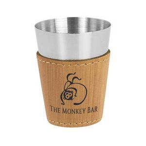 Bamboo, leatherette, wrapped, stainless steel, shot glass