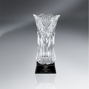 Crystal Vase, decorative, recognition, award, gift, corporate, faceted, Rich, black glass base, laser engraved plate