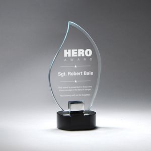 Recognition, Achievement, Crystal, faceted, column, tower, award, black base, flame