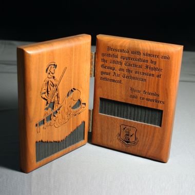 Plaque wood hinged two pieces  engraved