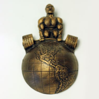 Custom molded stone recognition award of mountains  globe and weight lifter 