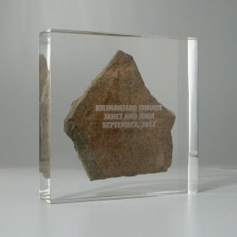 Custom Lucite award memento or souvenir with rock from Mt Kilimanjaro embedded 