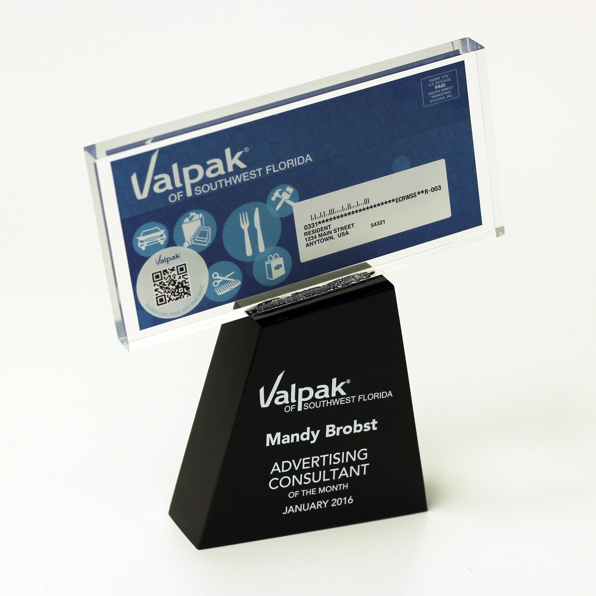 Custom Lucite award in shape of money coupon on a base for valpac award