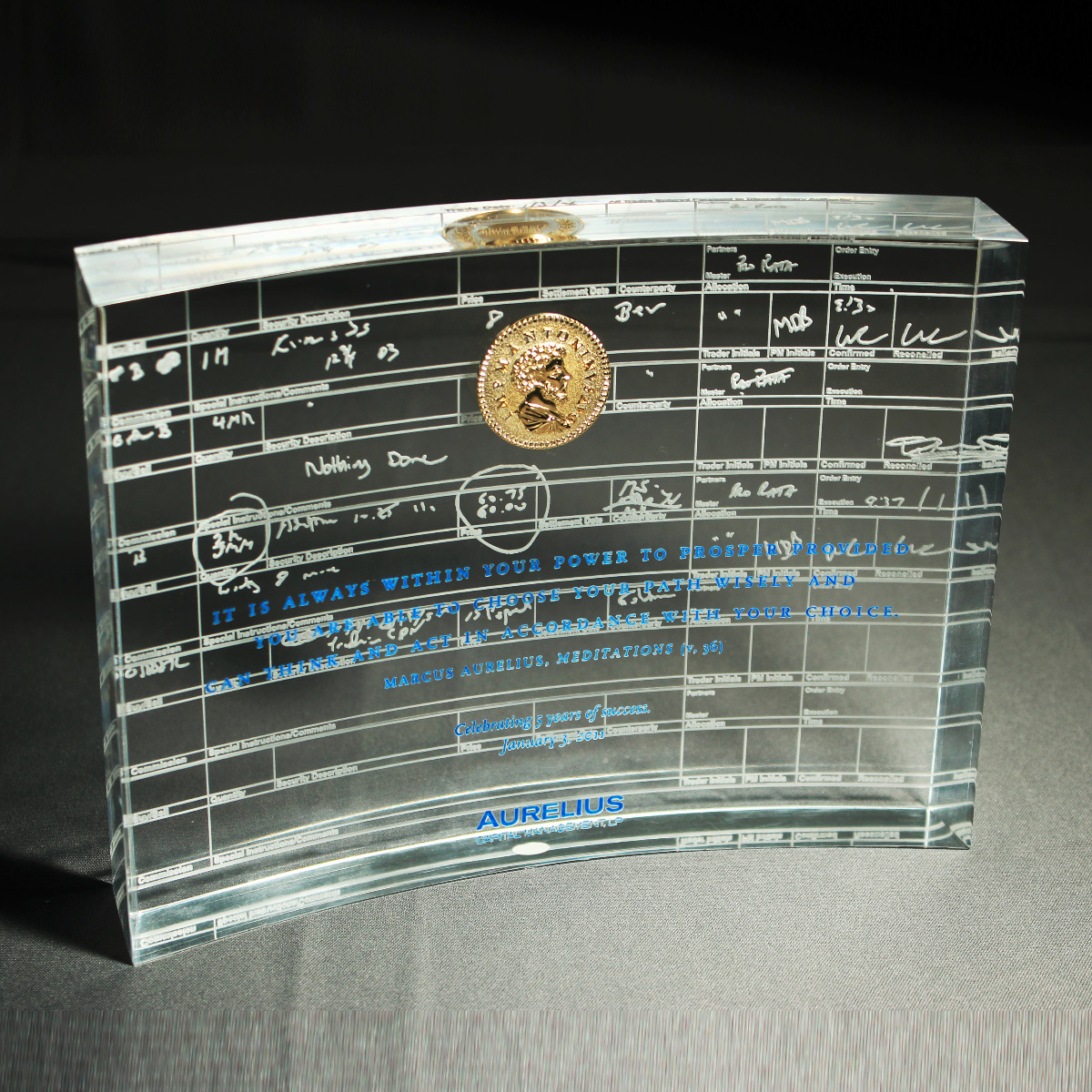 Custom Lucite award with embedded coin