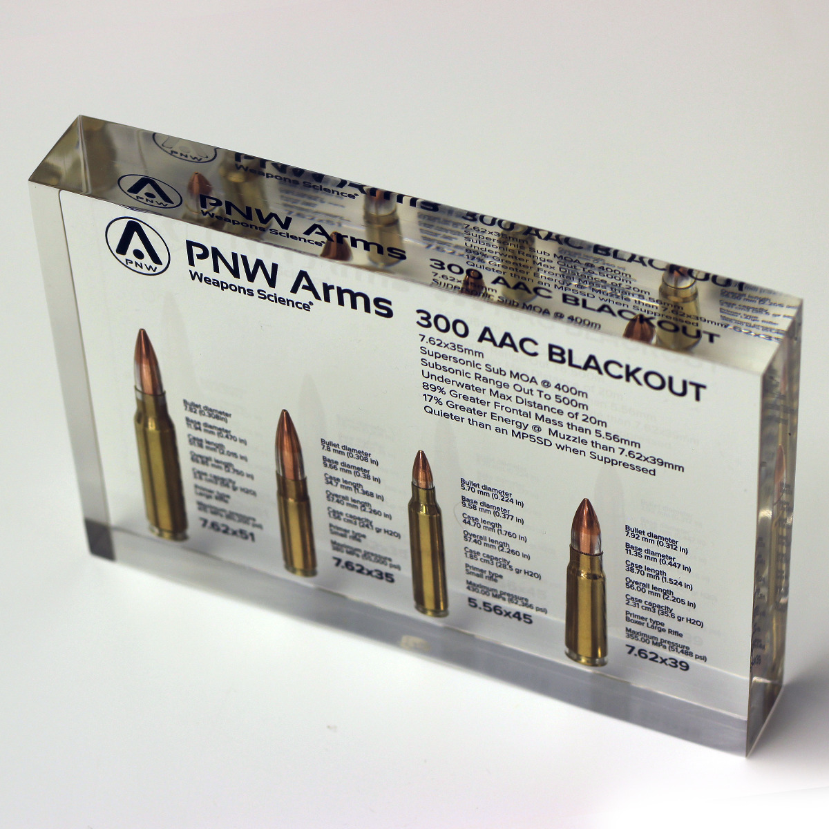 Custom Lucite awards with different caliber bullets display