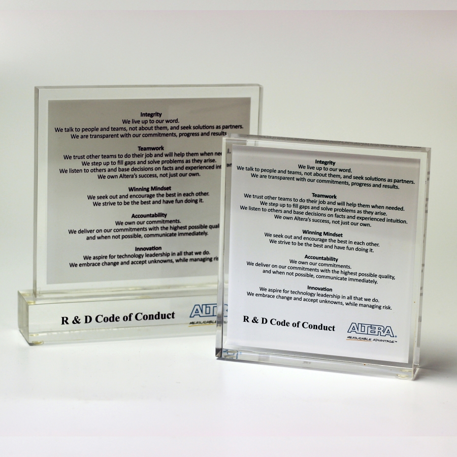 Clear Lucite code of conduct  clear base  award display