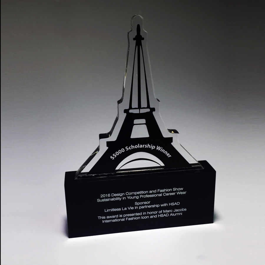 Custom shape Lucite with black base award or trophy
