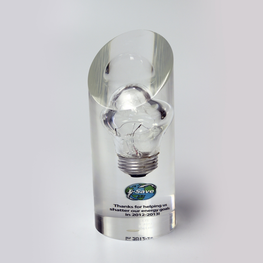 Cylinder shaped trophy or award with broken bulb embedded