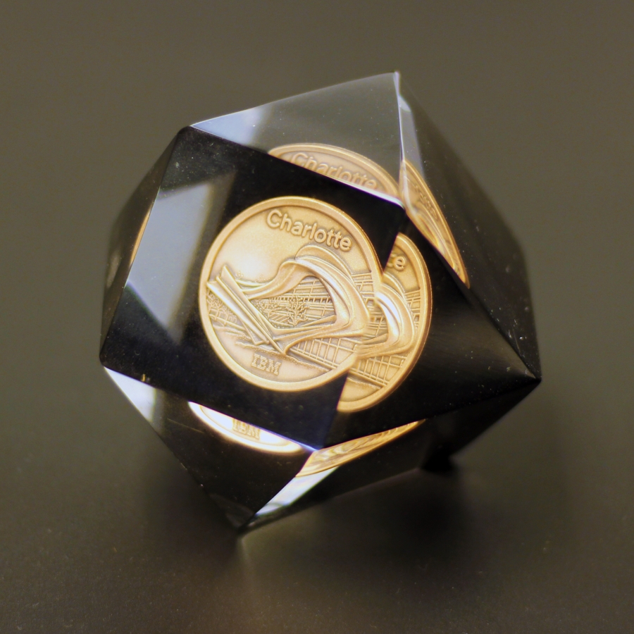 Custom shaped multi facet prism award with custom die struck coin