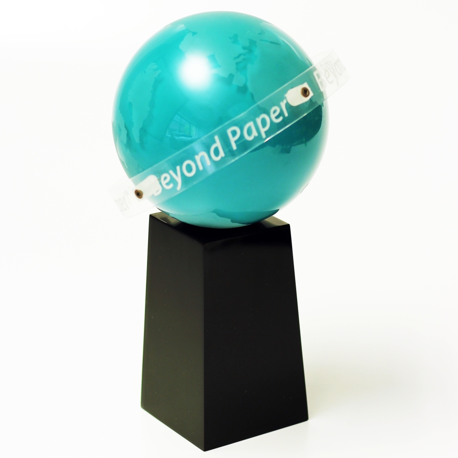 Custom globe award with shaped ring around it