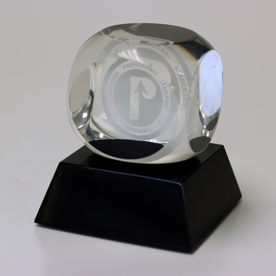 Lucite recognition cube award with 6 sided printing