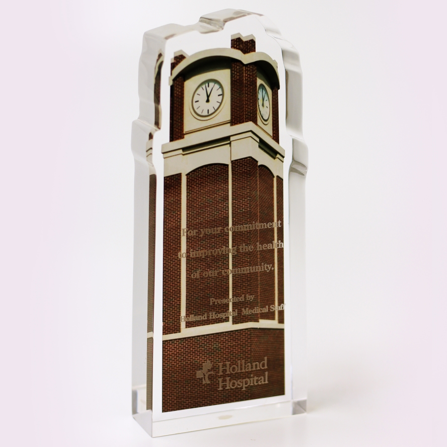 Lucite recognition custom shaped clock tower trophy or bespoke award 
