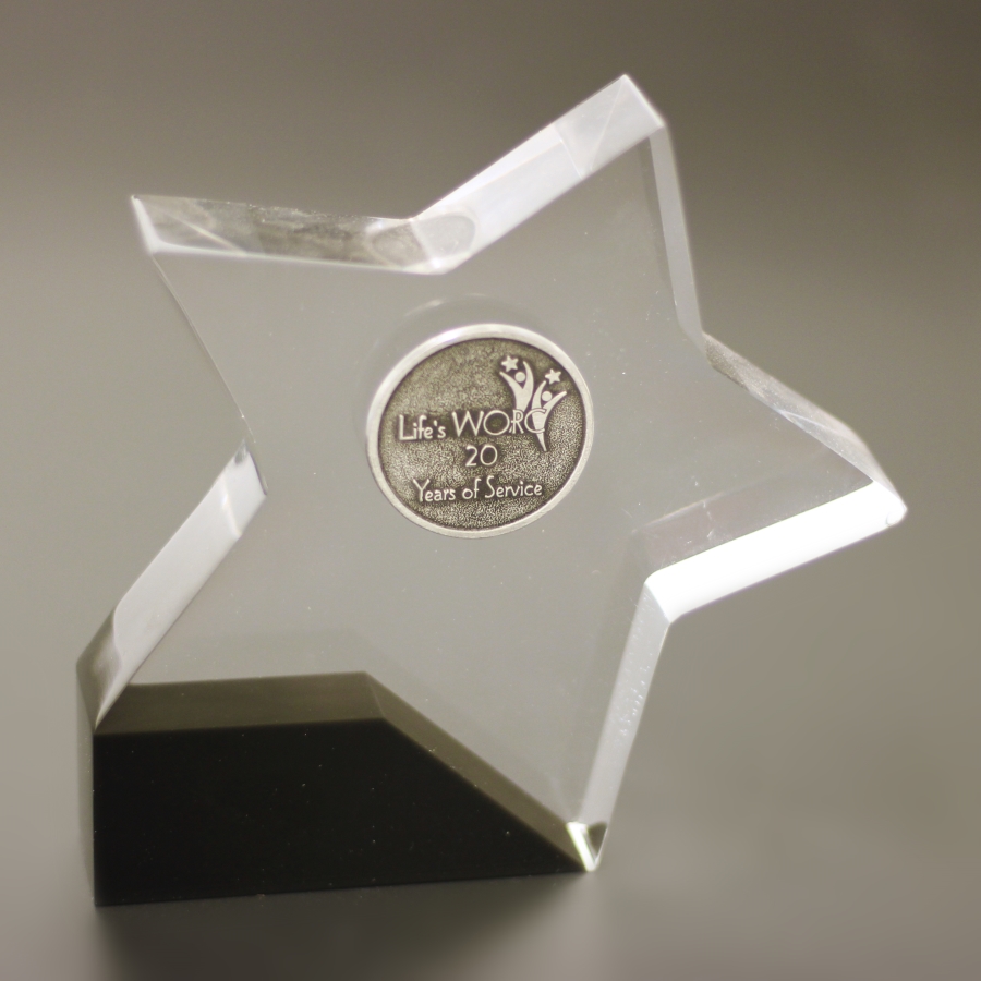 Custom star shaped Lucite embedment award with coin floating