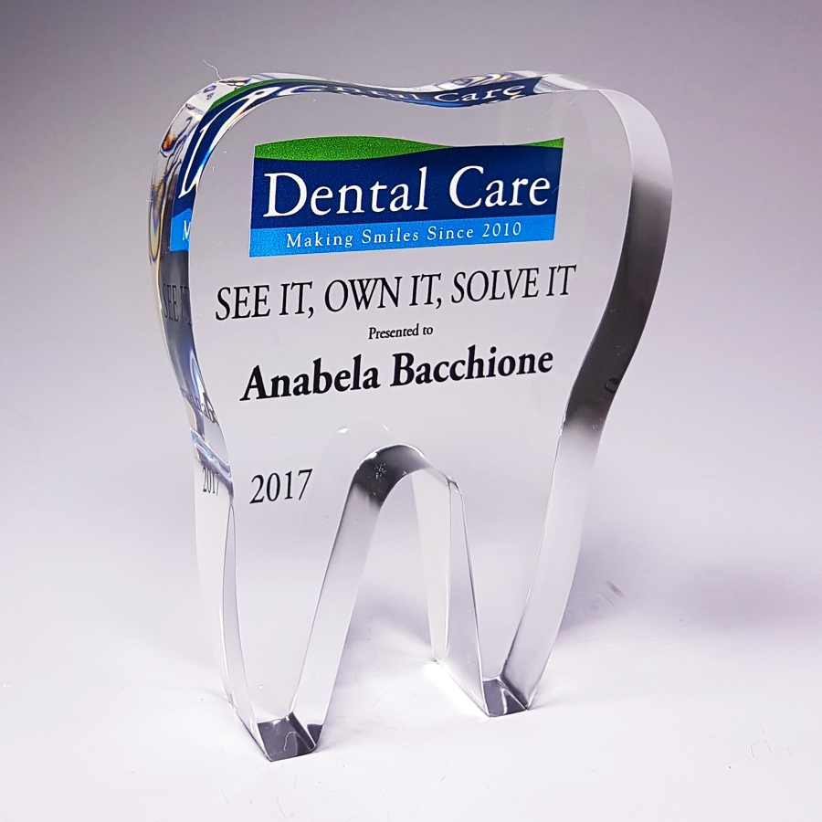 Custom shaped tooth Lucite recognition bespoke trophy