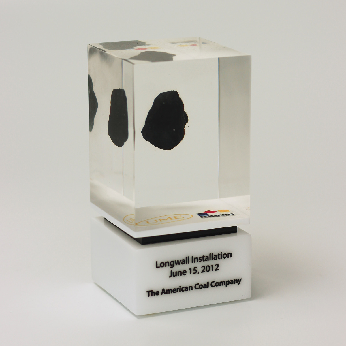 A piece of coal embedded in a custom shaped award gift
