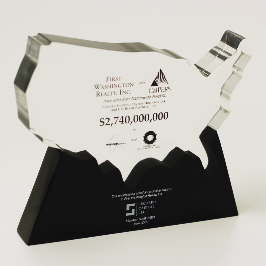 Lucite recognition award in shape of USA