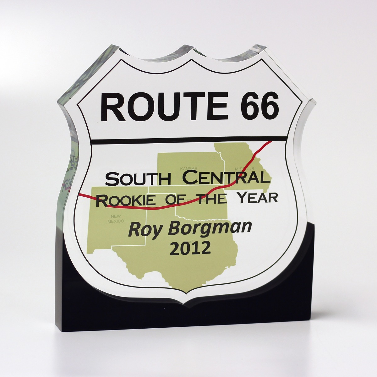 Custom shaped Route 66 sign Lucite recognition award