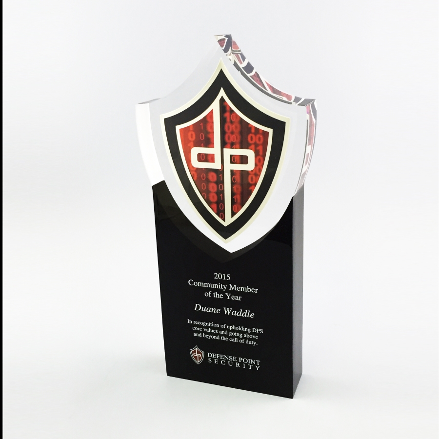Custom Lucite black base clear shield shape on top award trophy