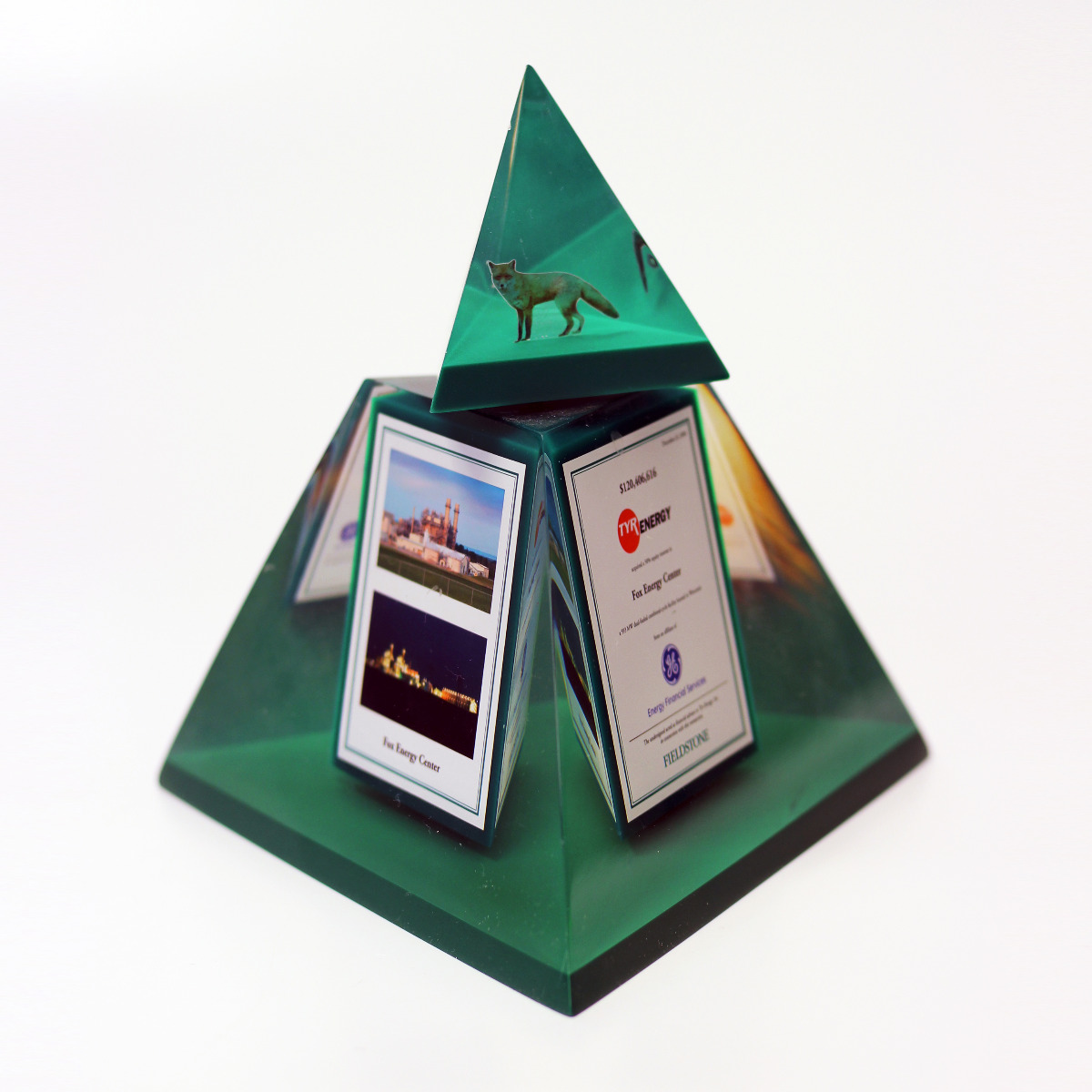 Custom Lucite pyramid shaped bespoke award gift with moving pyramid
