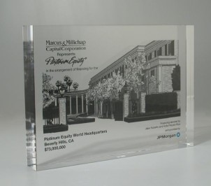 Tombstone-1032 Custom Lucite Financial Tombstone with Office Embedment
